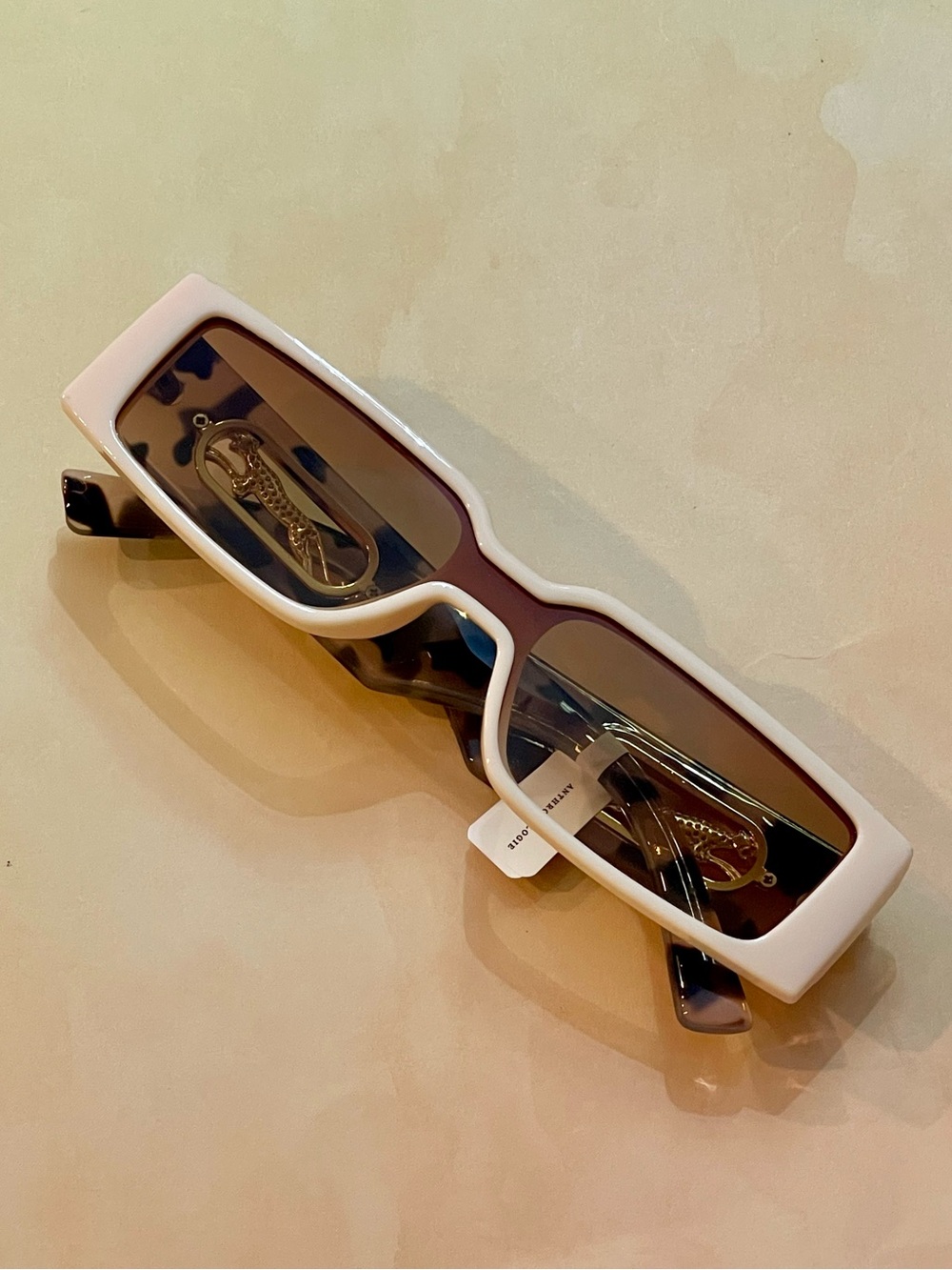 Ivory Slim Rectangular Sunglasses Leopard Pattern Arms with Gold Embellishment